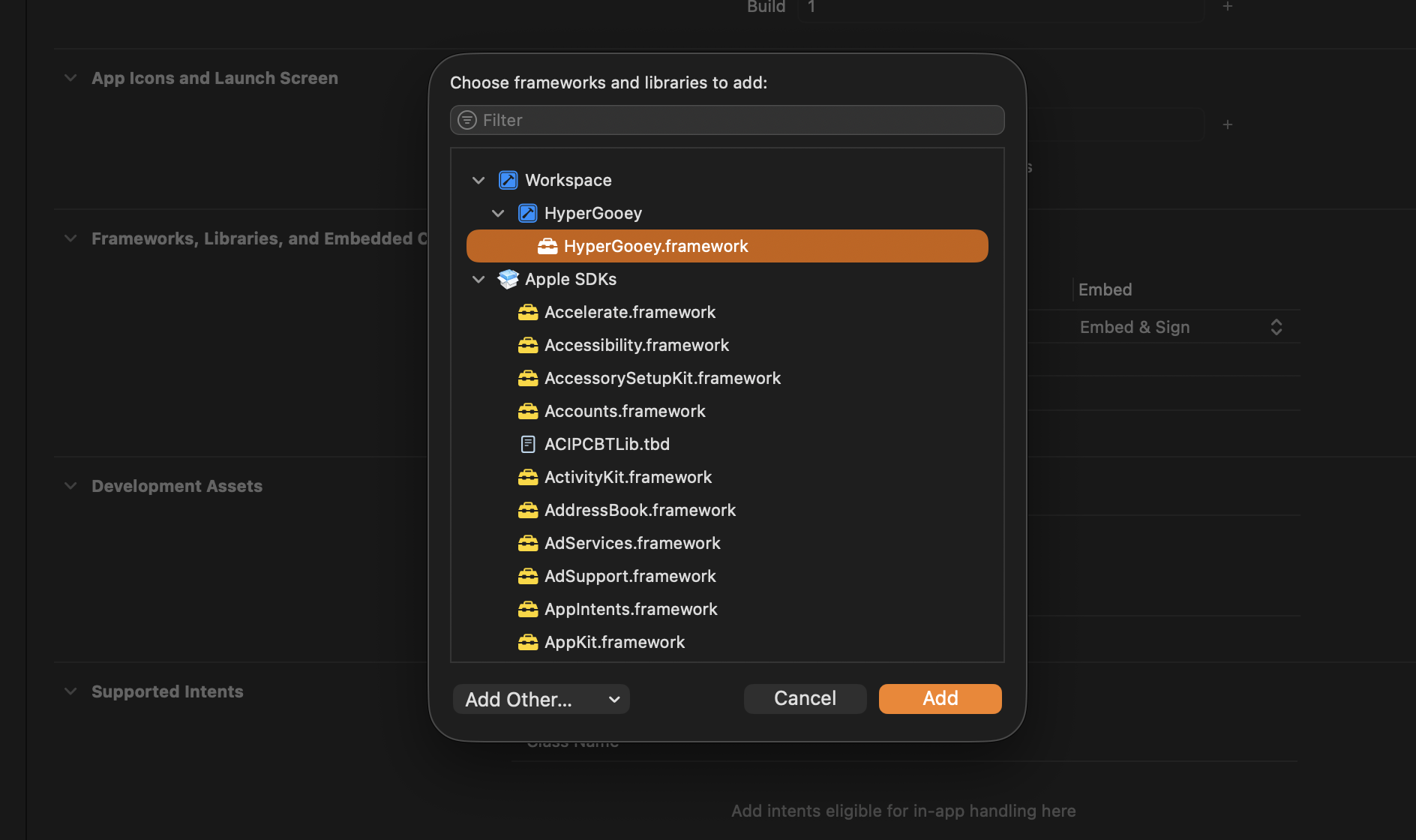 Installing the HyperGooey framework into an Xcode project.
